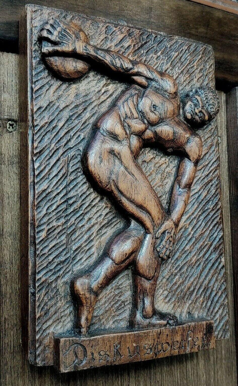 Antique German Carved Oak Classical Grecian Greek Discus Thrower Wood Plaque - Tommy's Treasure