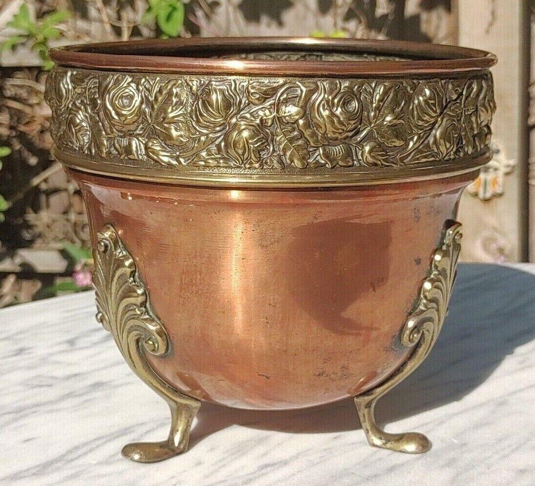 Antique Art Nouveau Copper & Brass Floral Repousse Jardiniere Footed Planter - Tommy's Treasure