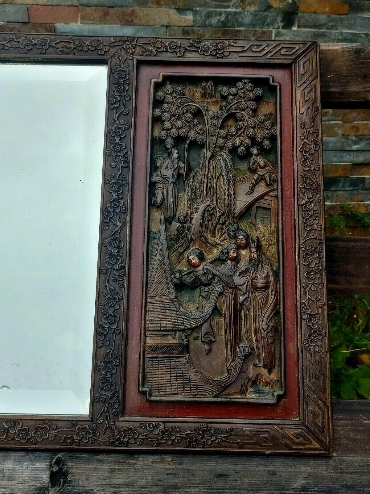c.1900 Antique Chinese Carved Wood Figural Panel Hardwood Bevelled Mirror - 38" - Tommy's Treasure