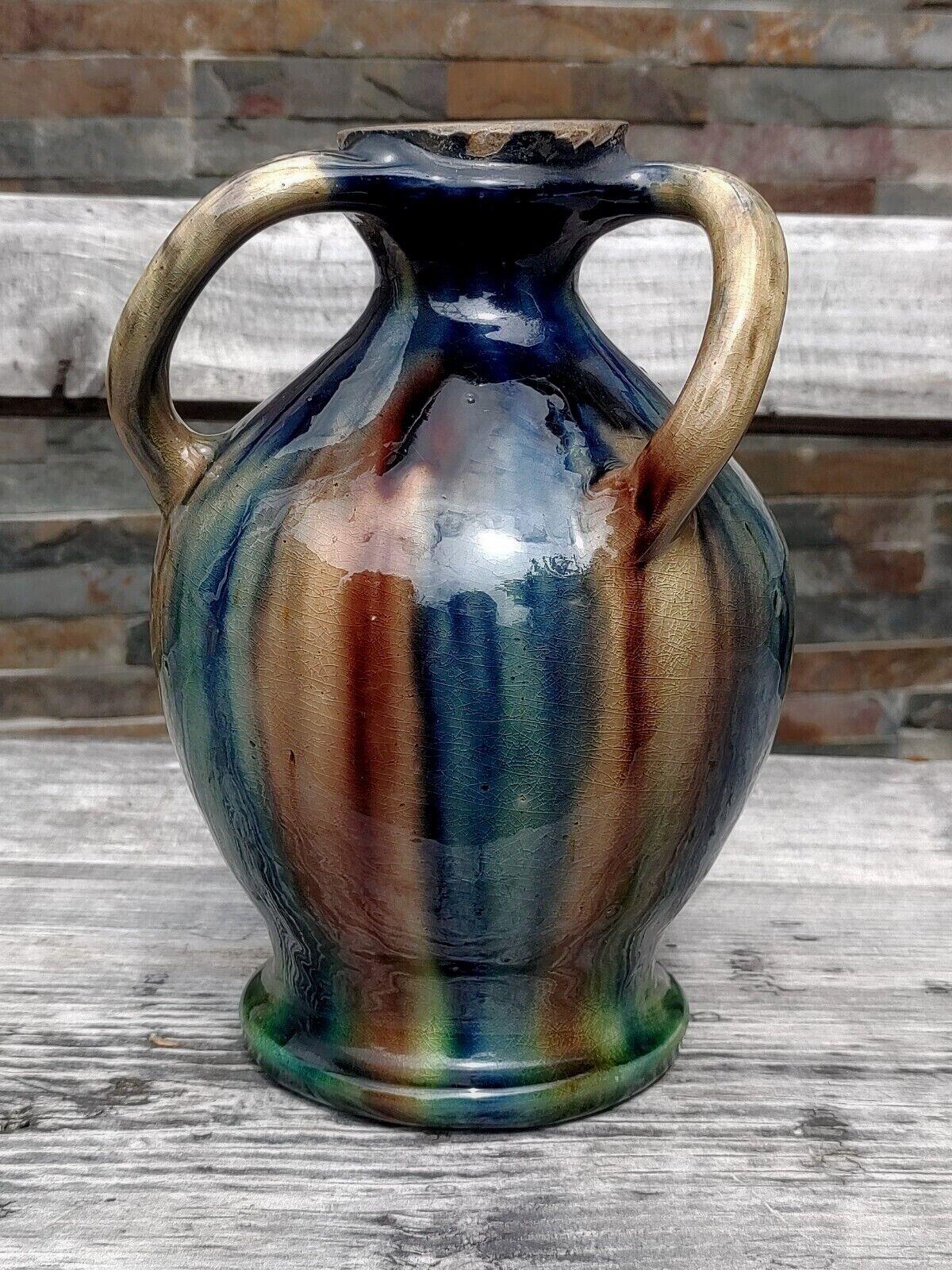 Belgian Art Nouveau Twisted 3 Handle Drip Glaze Ceramic Pottery Vase - 20 cm - Tommy's Treasure