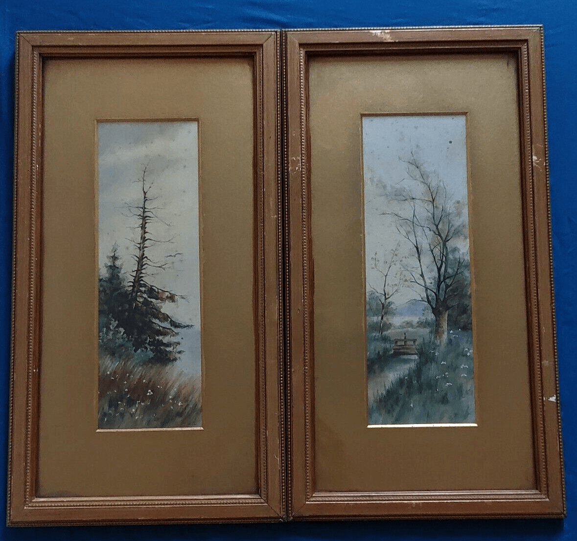 Antique Pair Signed Watercolour Forest Landscape Art Paintings Edwardian Frames - Tommy's Treasure