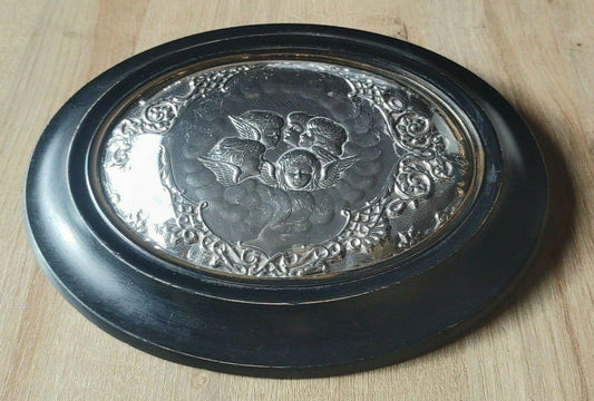 Victorian Reynolds Angels Silver Leaf Foil Convex Glass Hanging Wall Plaque 29 cm - Tommy's Treasure