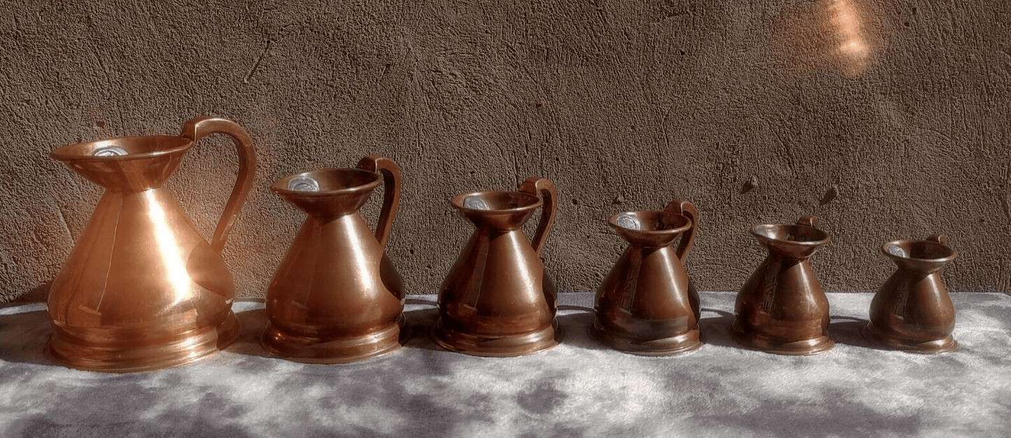 19th Century Antique Victorian English Copper Haystack Measuring Pitcher Jug Set - Tommy's Treasure