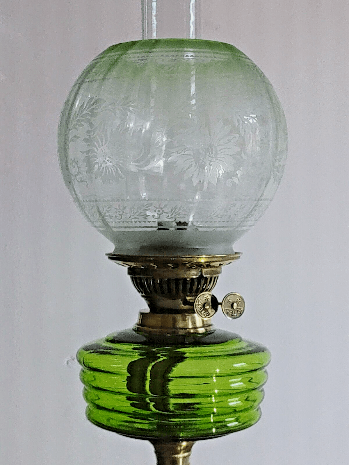 Antique Green Glass Oil Lamp Font Column Base Eltex Duplex Burner Optic Shade - Tommy's Treasure