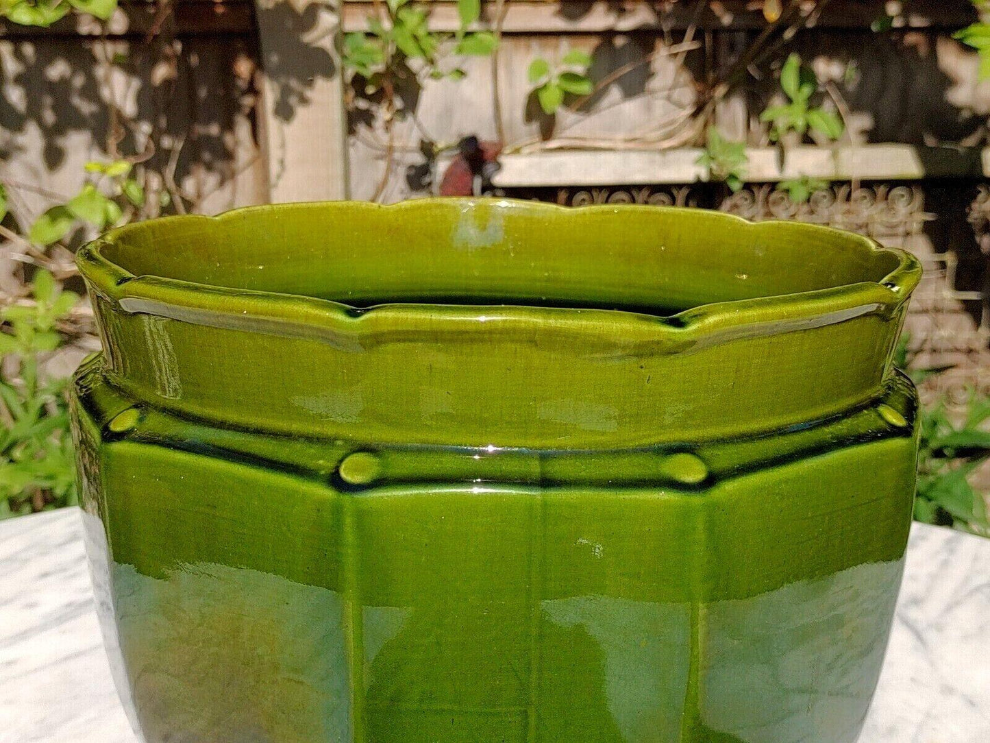 English Antique Joseph Holdcroft Green Glazed Ceramic Pottery Jardiniere Planter - Tommy's Treasure