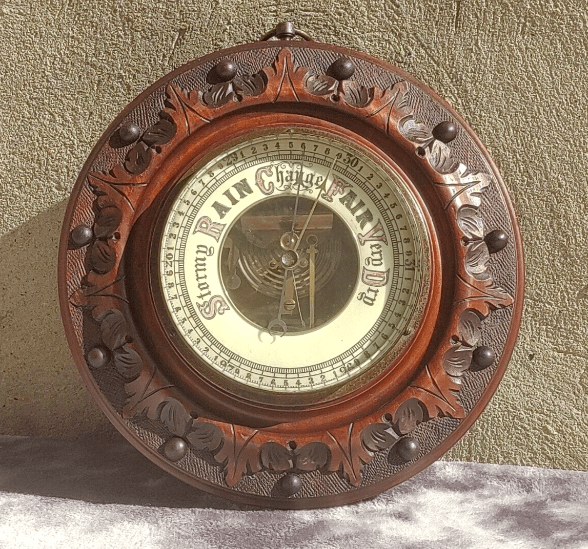 19th Century Victorian Antique Circular Carved Beechwood Aneroid Barometer 21 cm - Tommy's Treasure