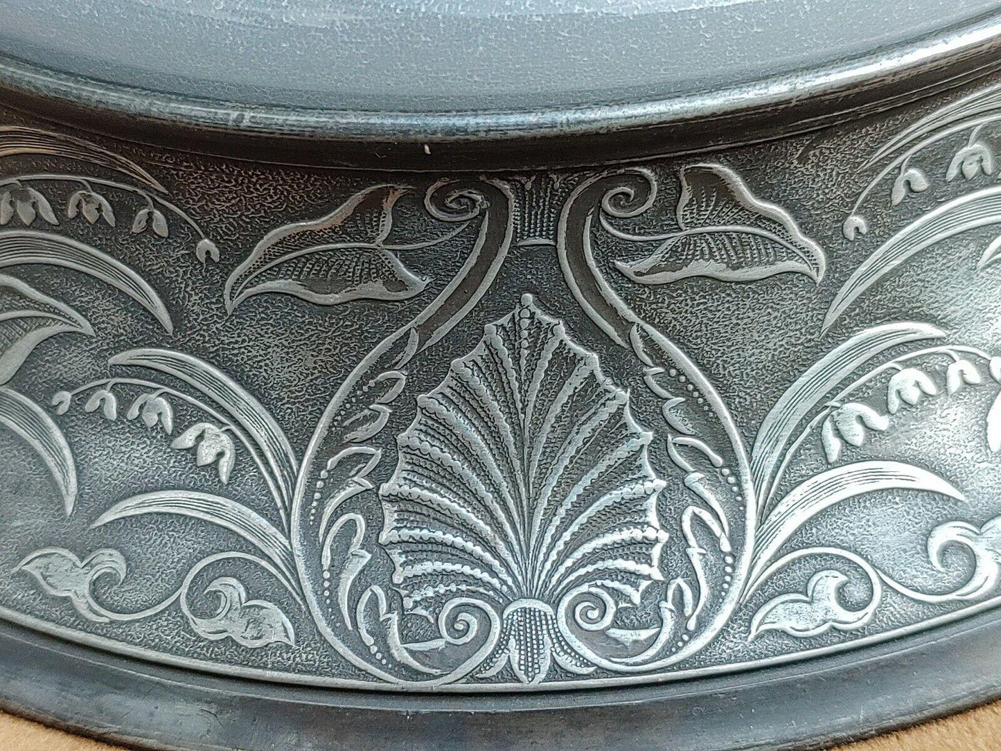 Antique Pewter Butter Dish Embossed Farm Agriculture Scene + Glass Liner - Tommy's Treasure