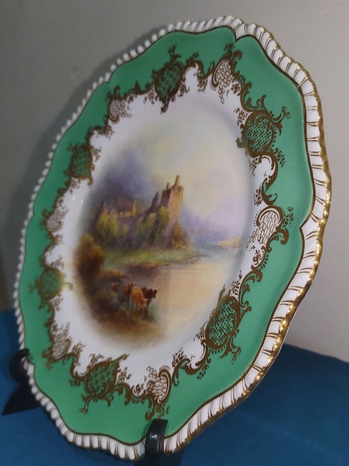 Antique 1921 Royal Worcester Plate Highland Cattle Kilchurn Castle by H. Stinton