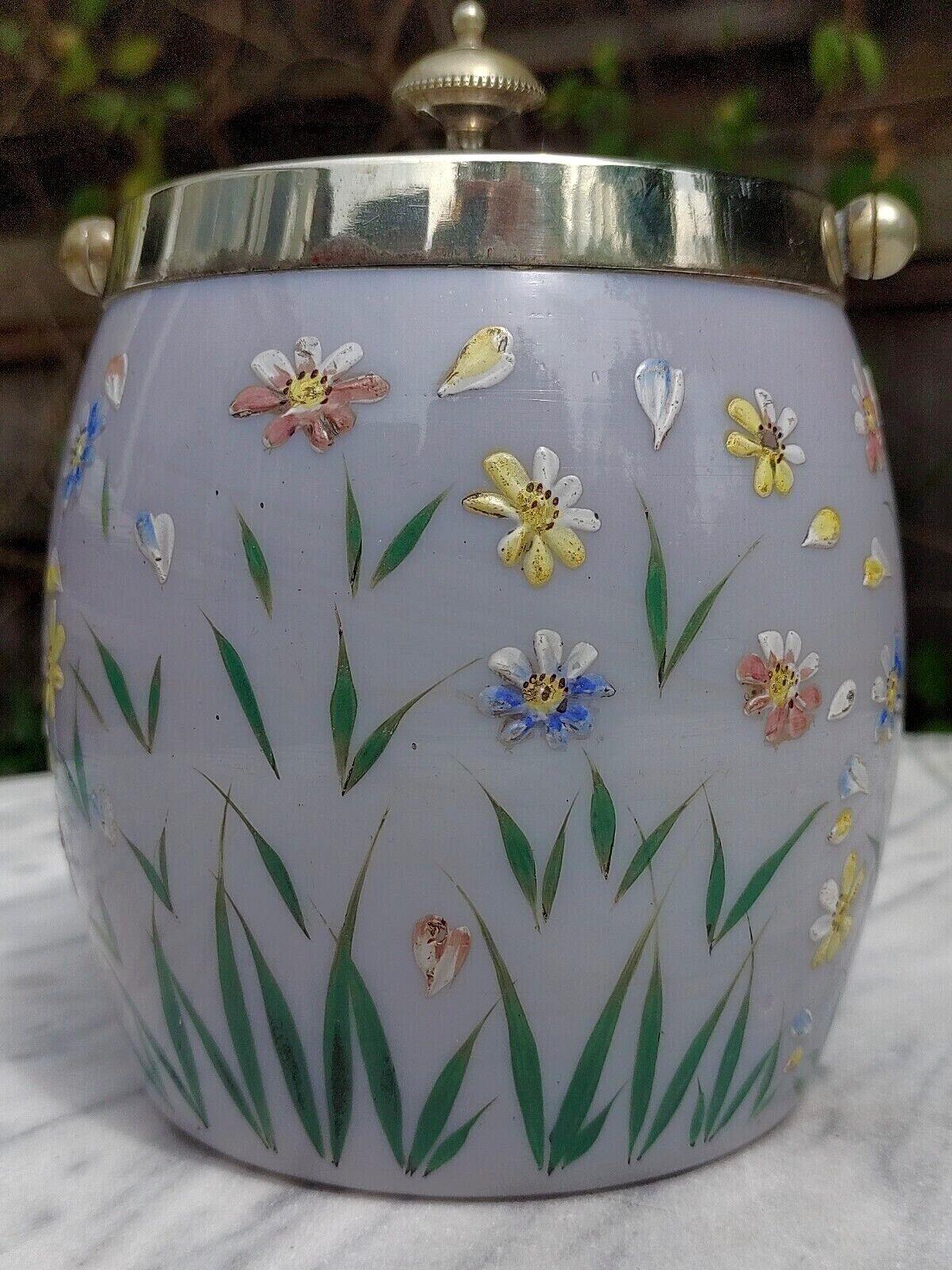 c.1890 Hand Enamelled Milk Glass Silver Plated Biscuit Barrel Cookie Jar - Tommy's Treasure