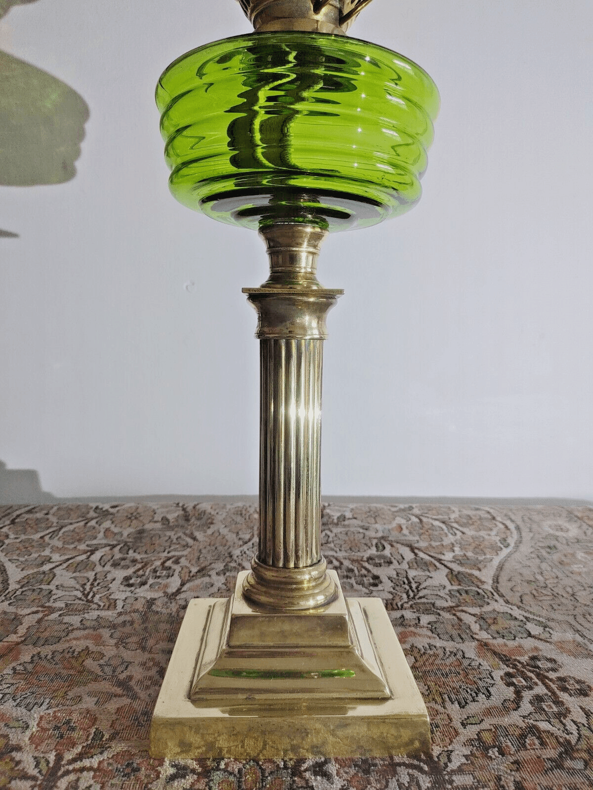 Antique Green Glass Oil Lamp Font Column Base Eltex Duplex Burner Optic Shade - Tommy's Treasure