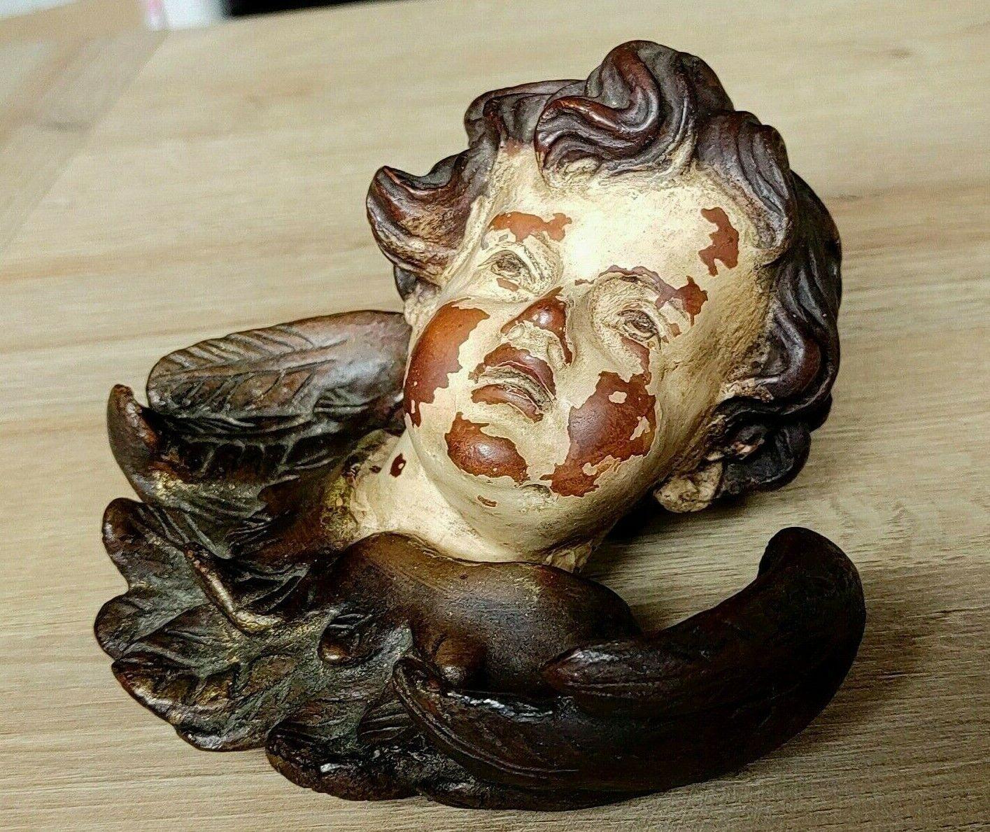Antique Pair of German Baroque Cherub Angel Putti Head Plaster Wood Wall Plaques - Tommy's Treasure