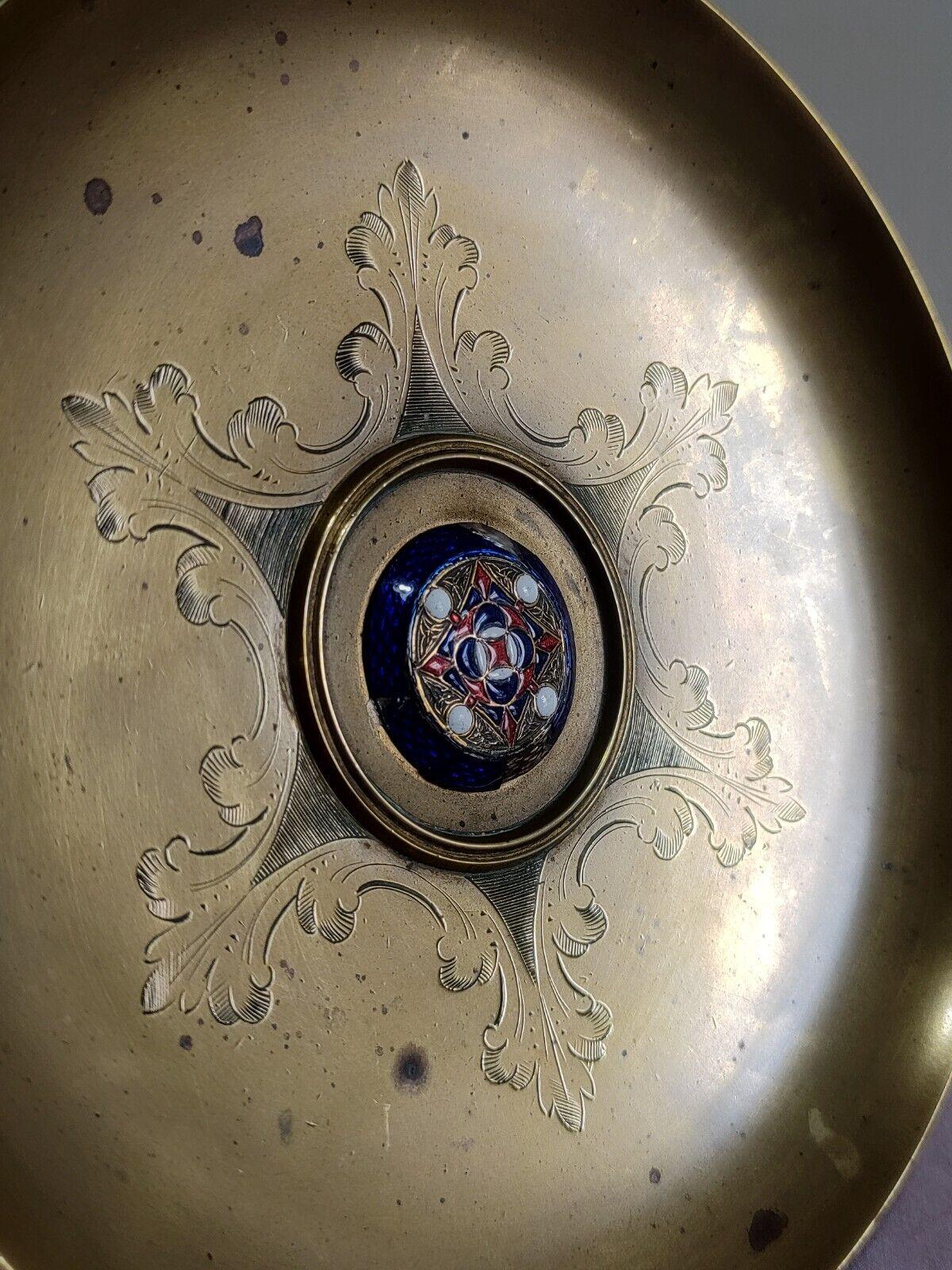 19th Century Arts & Crafts Brass Enamelled Tazza Pedestal Compote Dish - Tommy's Treasure