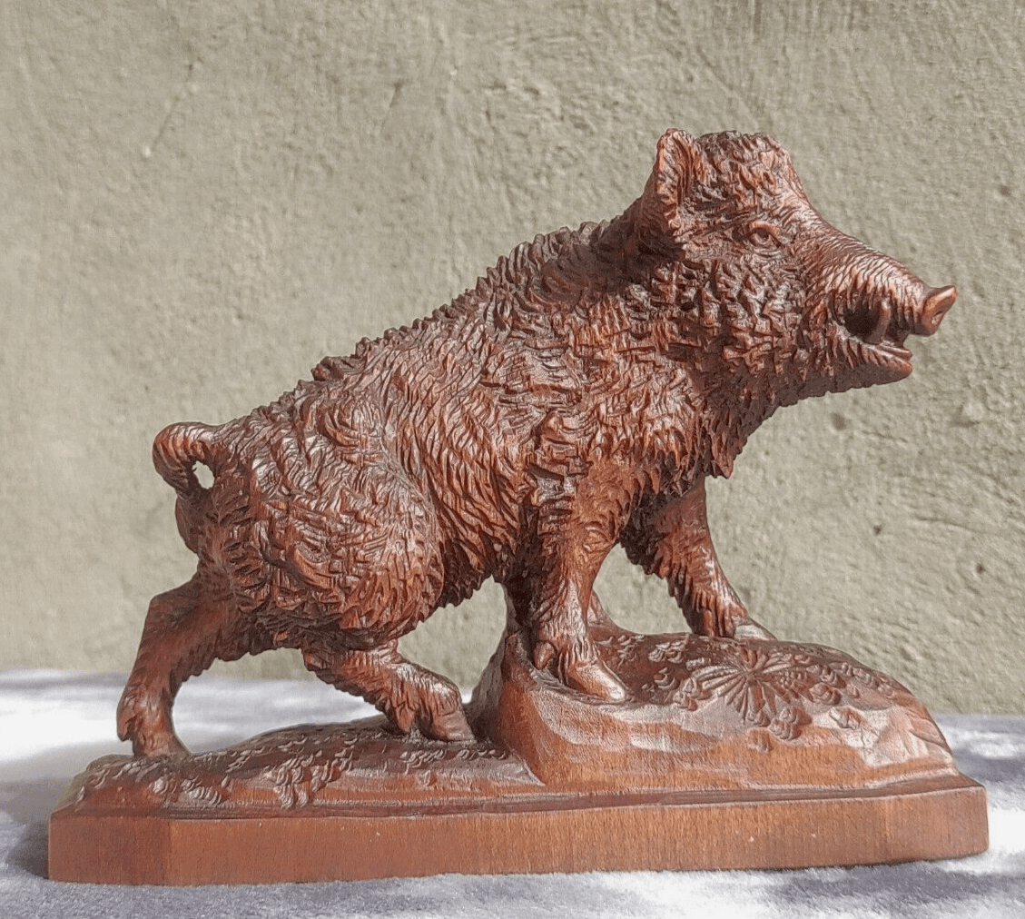 19th Century Black Forest Antique Carved Wood Swiss Brienz Wild Boar Hog Figure - Tommy's Treasure