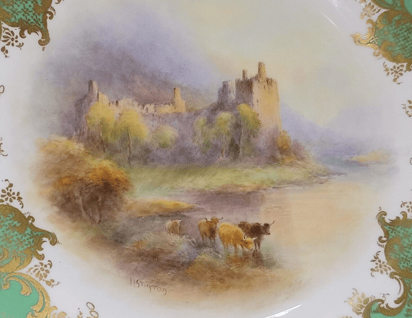 Antique 1921 Royal Worcester Plate Highland Cattle Kilchurn Castle by H. Stinton - Tommy's Treasure