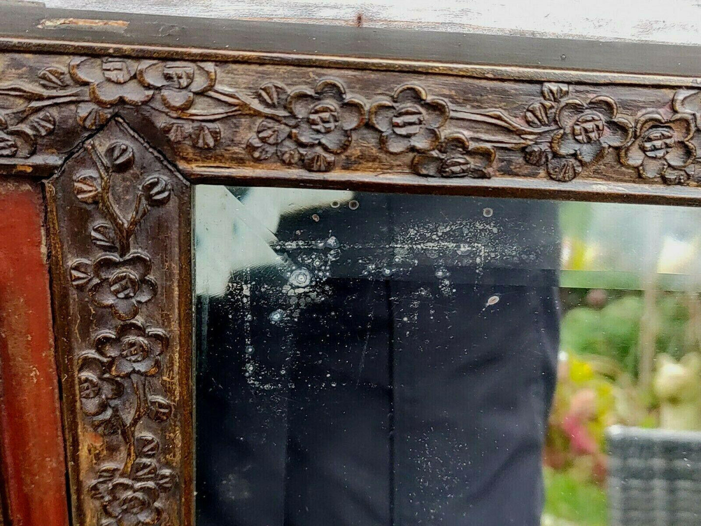 c.1900 Antique Chinese Carved Wood Figural Panel Hardwood Bevelled Mirror - 38" - Tommy's Treasure
