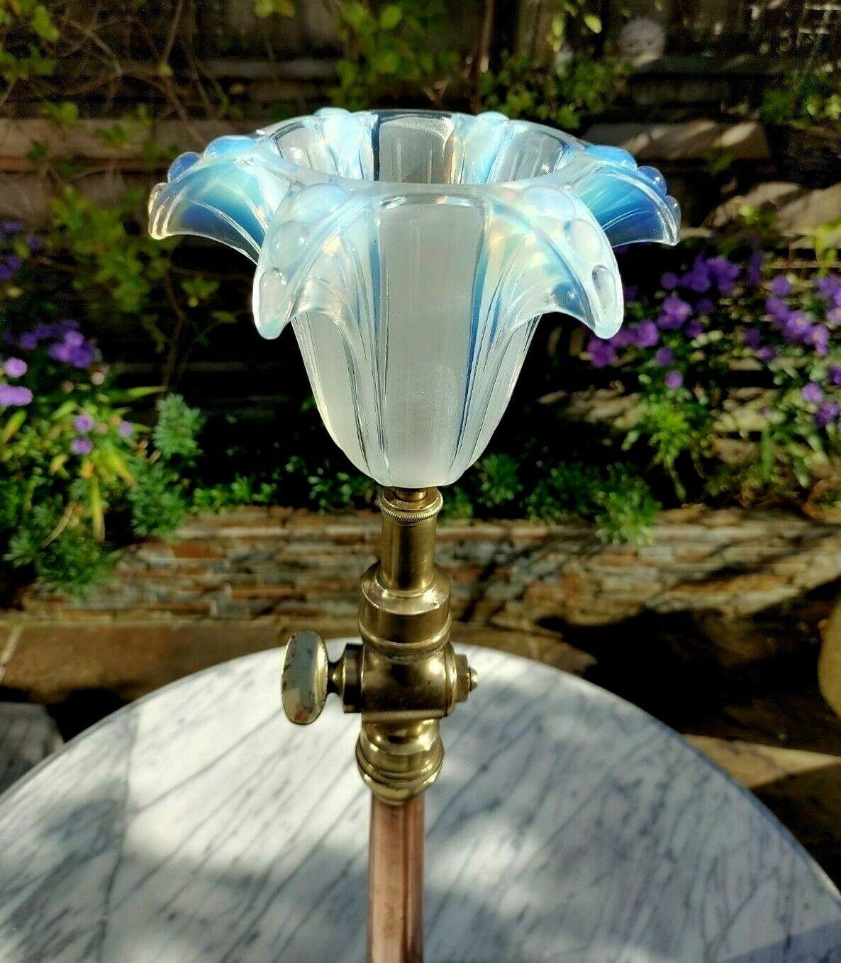 Vintage Fire Hose Table Lamp Copper Brass & Art Deco Opalescent Glass Shade - Tommy's Treasure