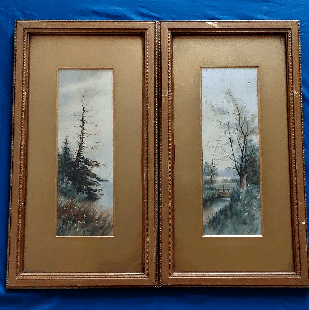 Antique Pair Signed Watercolour Forest Landscape Art Paintings Edwardian Frames - Tommy's Treasure