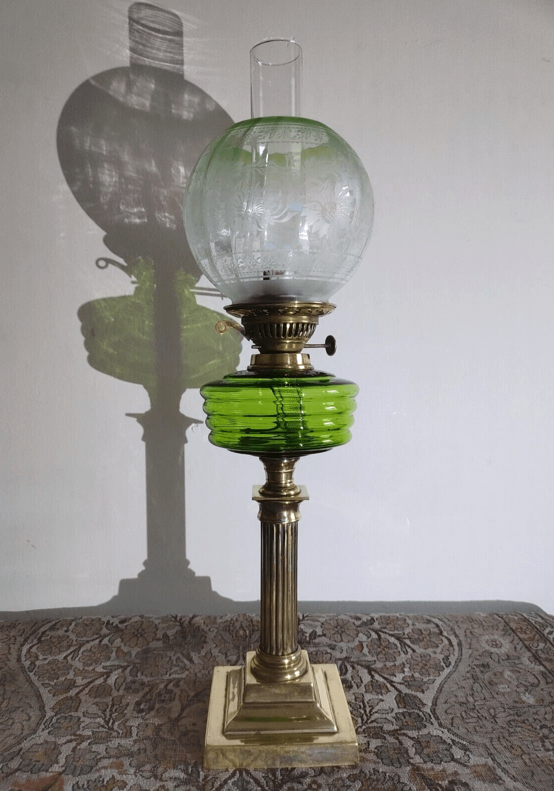 Antique Green Glass Oil Lamp Font Column Base Eltex Duplex Burner Optic Shade - Tommy's Treasure