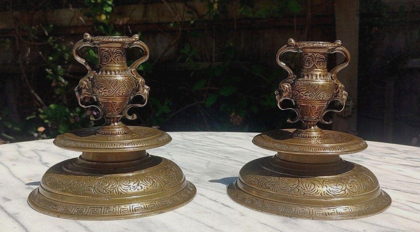 Pair of French Neoclassical Renaissance Style 19th Century Bronze Urn Candlestick Holders - Tommy's Treasure