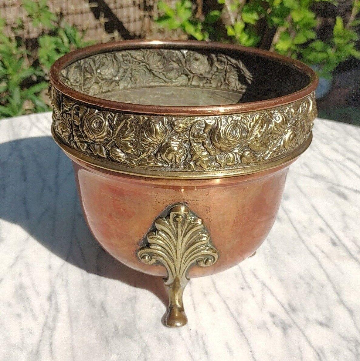 Antique Art Nouveau Copper & Brass Floral Repousse Jardiniere Footed Planter - Tommy's Treasure