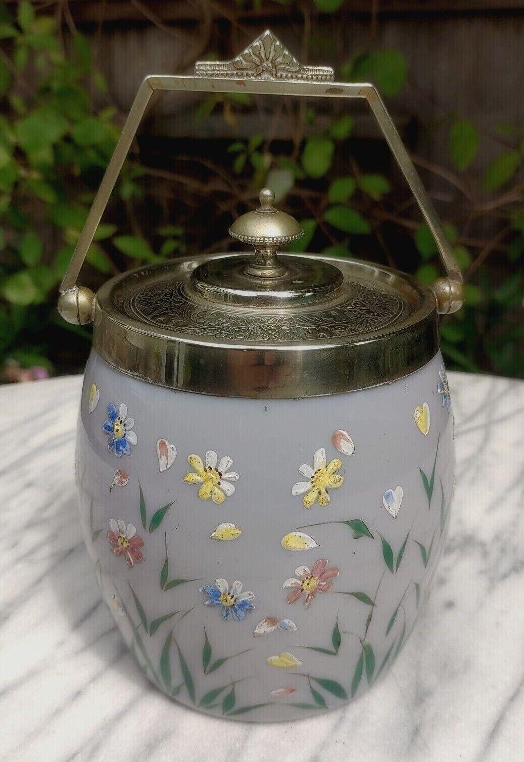 c.1890 Hand Enamelled Milk Glass Silver Plated Biscuit Barrel Cookie Jar - Tommy's Treasure