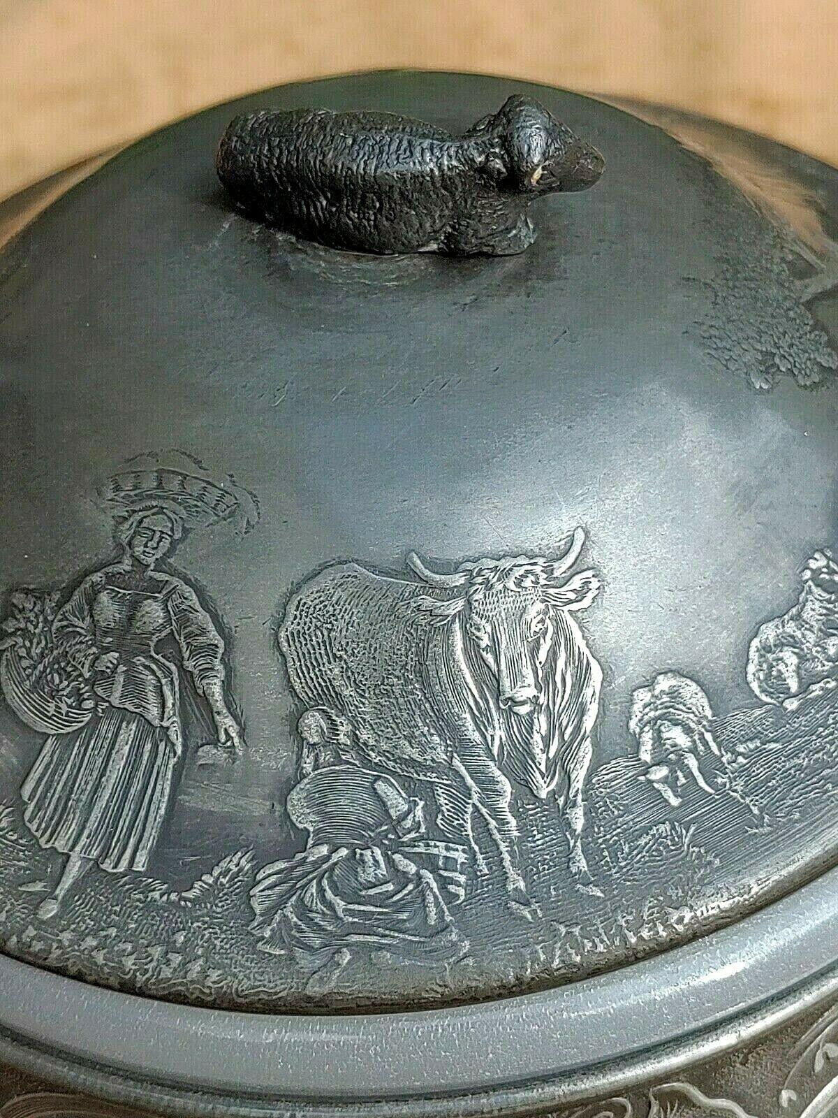 Antique Pewter Butter Dish Embossed Farm Agriculture Scene + Glass Liner - Tommy's Treasure