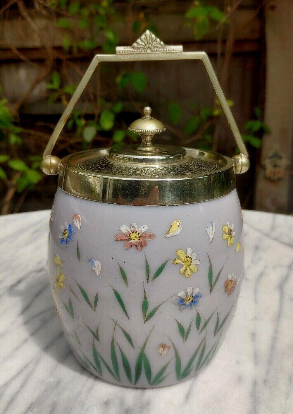 c.1890 Hand Enamelled Milk Glass Silver Plated Biscuit Barrel Cookie Jar - Tommy's Treasure