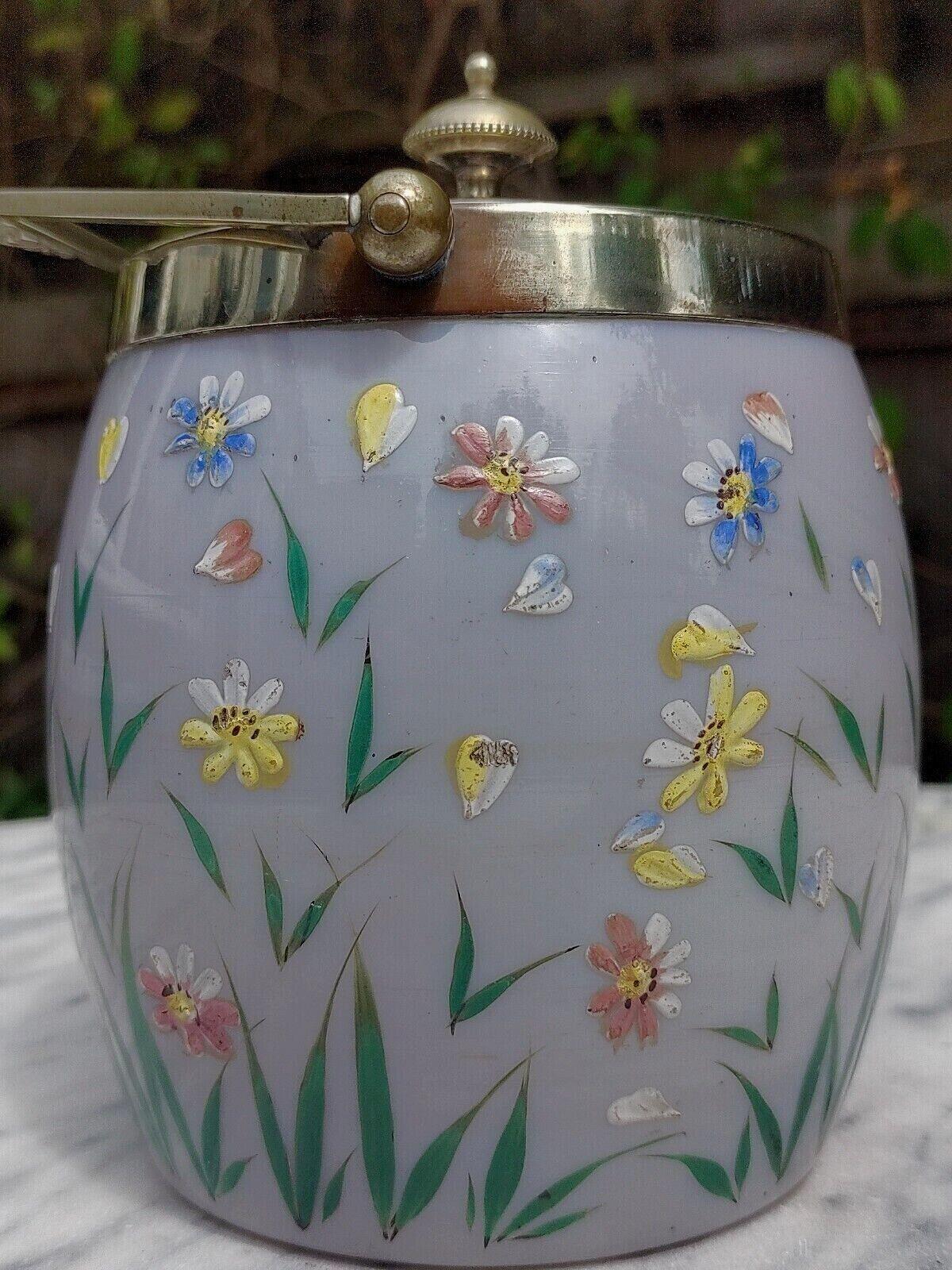 c.1890 Hand Enamelled Milk Glass Silver Plated Biscuit Barrel Cookie Jar - Tommy's Treasure