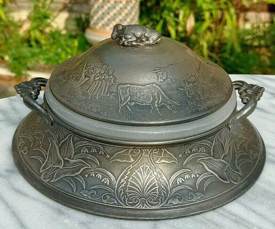 Antique Pewter Butter Dish Embossed Farm Agriculture Scene + Glass Liner - Tommy's Treasure