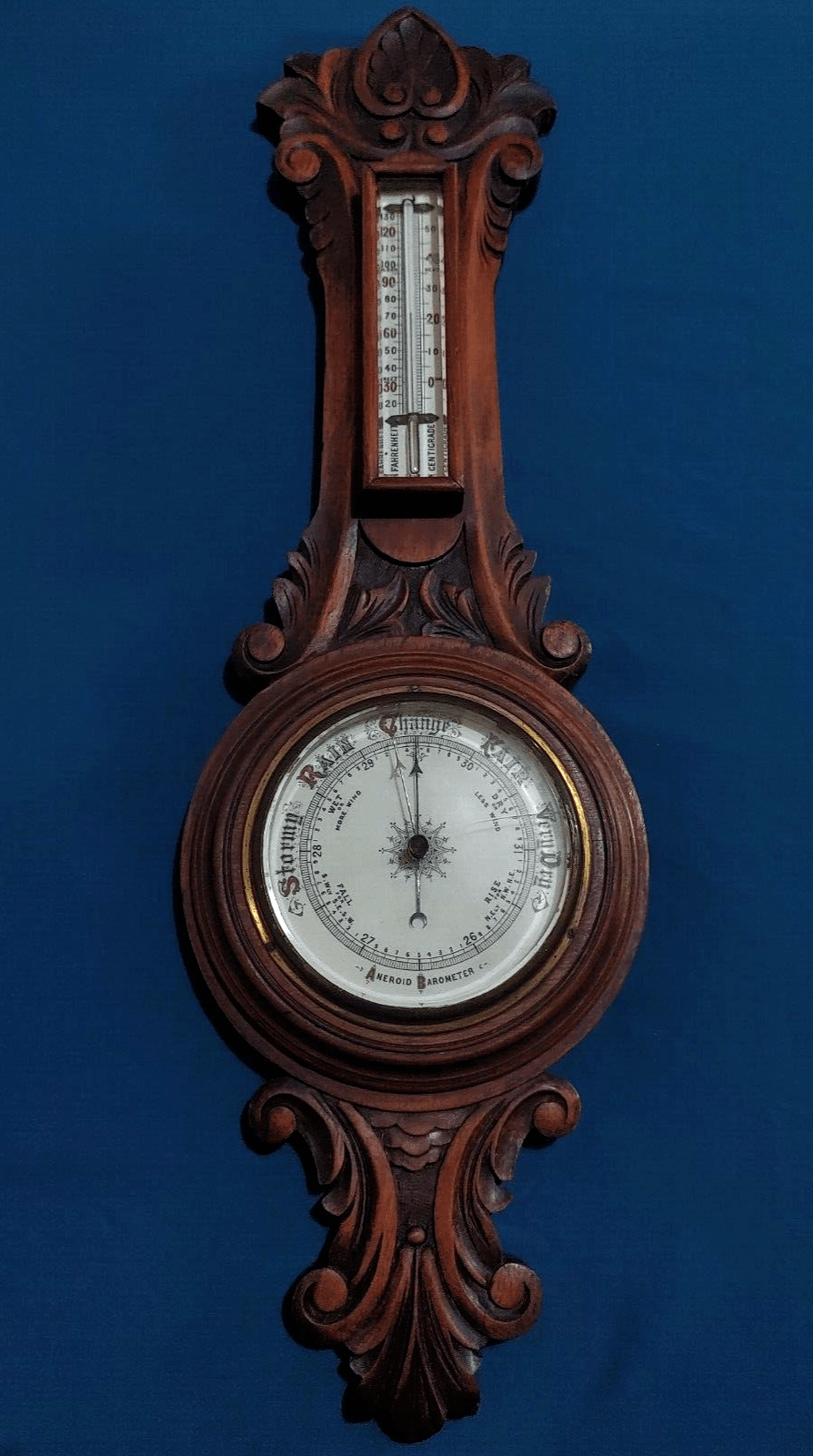 19th Century Carved Oak Aneroid Barometer Thermometer Antique Victorian - Tommy's Treasure
