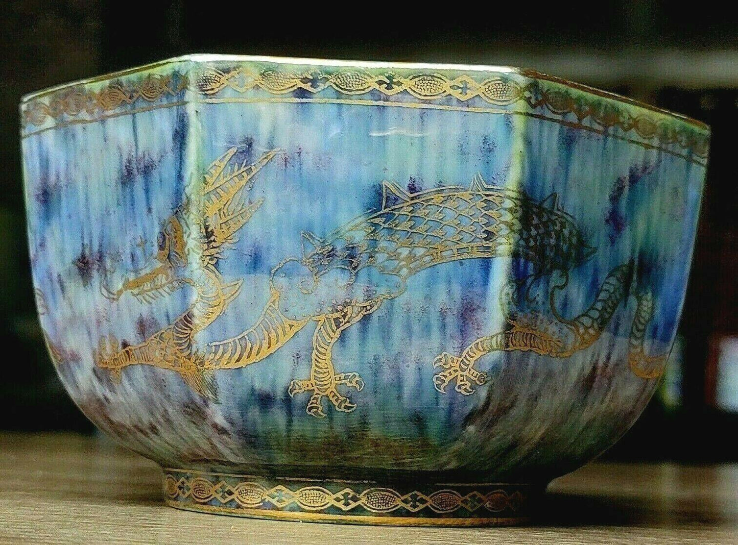 c.1920s Wedgwood Fairyland Lustre Gilt Celestial Dragons Octagonal Bowl - Tommy's Treasure