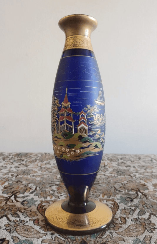 Bohemian Czech Enamelled Japanese Pagoda Gilt Cobalt Blue Glass Vase 32cm - Tommy's Treasure