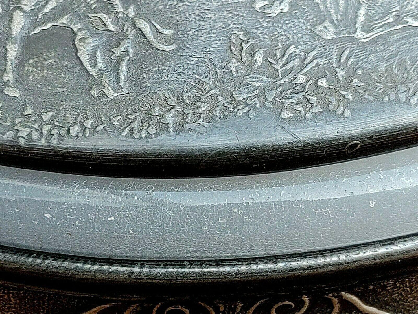 Antique Pewter Butter Dish Embossed Farm Agriculture Scene + Glass Liner - Tommy's Treasure