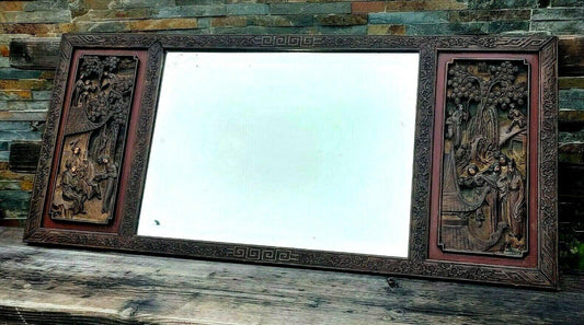 c.1900 Antique Chinese Carved Wood Figural Panel Hardwood Bevelled Mirror - 38" - Tommy's Treasure