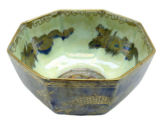 c.1920s Wedgwood Fairyland Lustre Gilt Celestial Dragons Octagonal Bowl - Tommy's Treasure
