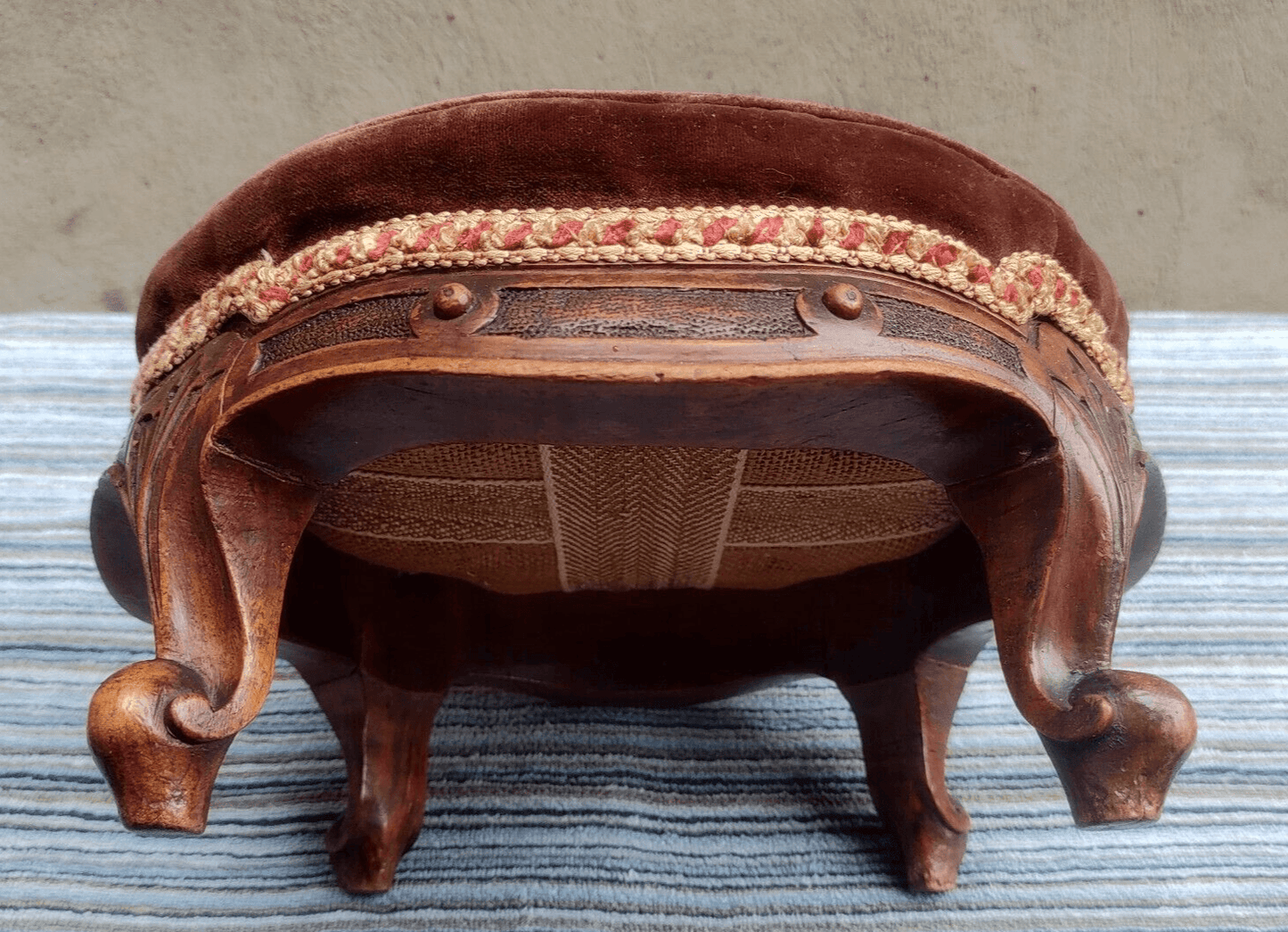 19th Century Victorian Antique Carved Walnut Cabriole Leg Scroll Feet Foot Stool - Tommy's Treasure