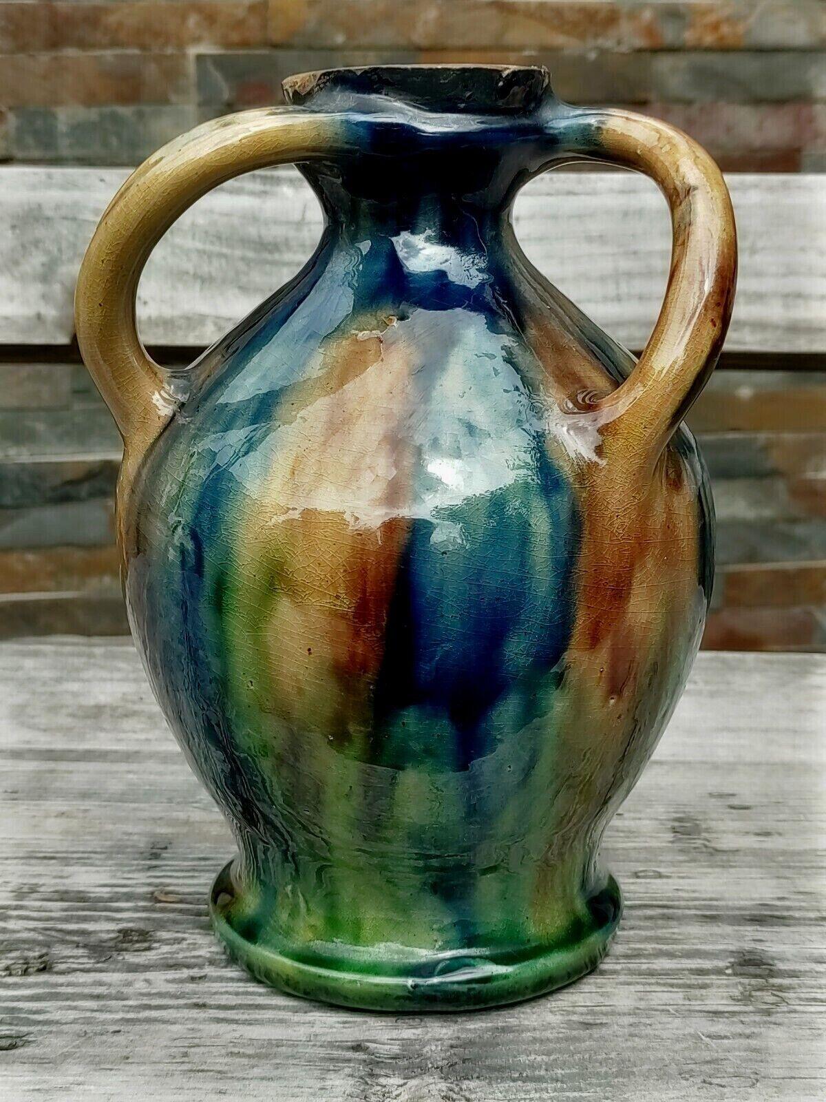 Belgian Art Nouveau Twisted 3 Handle Drip Glaze Ceramic Pottery Vase - 20 cm - Tommy's Treasure