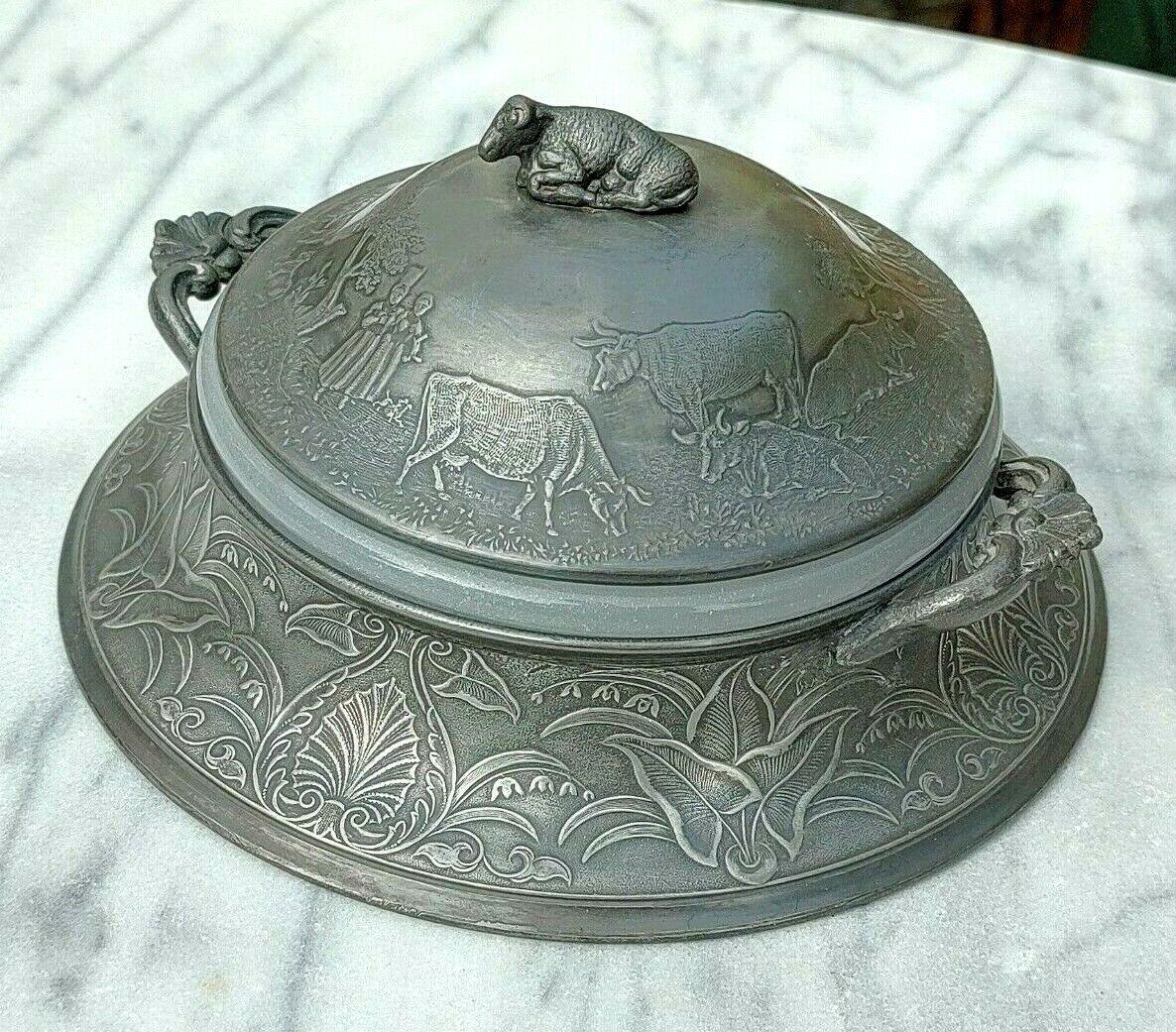 Antique Pewter Butter Dish Embossed Farm Agriculture Scene + Glass Liner - Tommy's Treasure