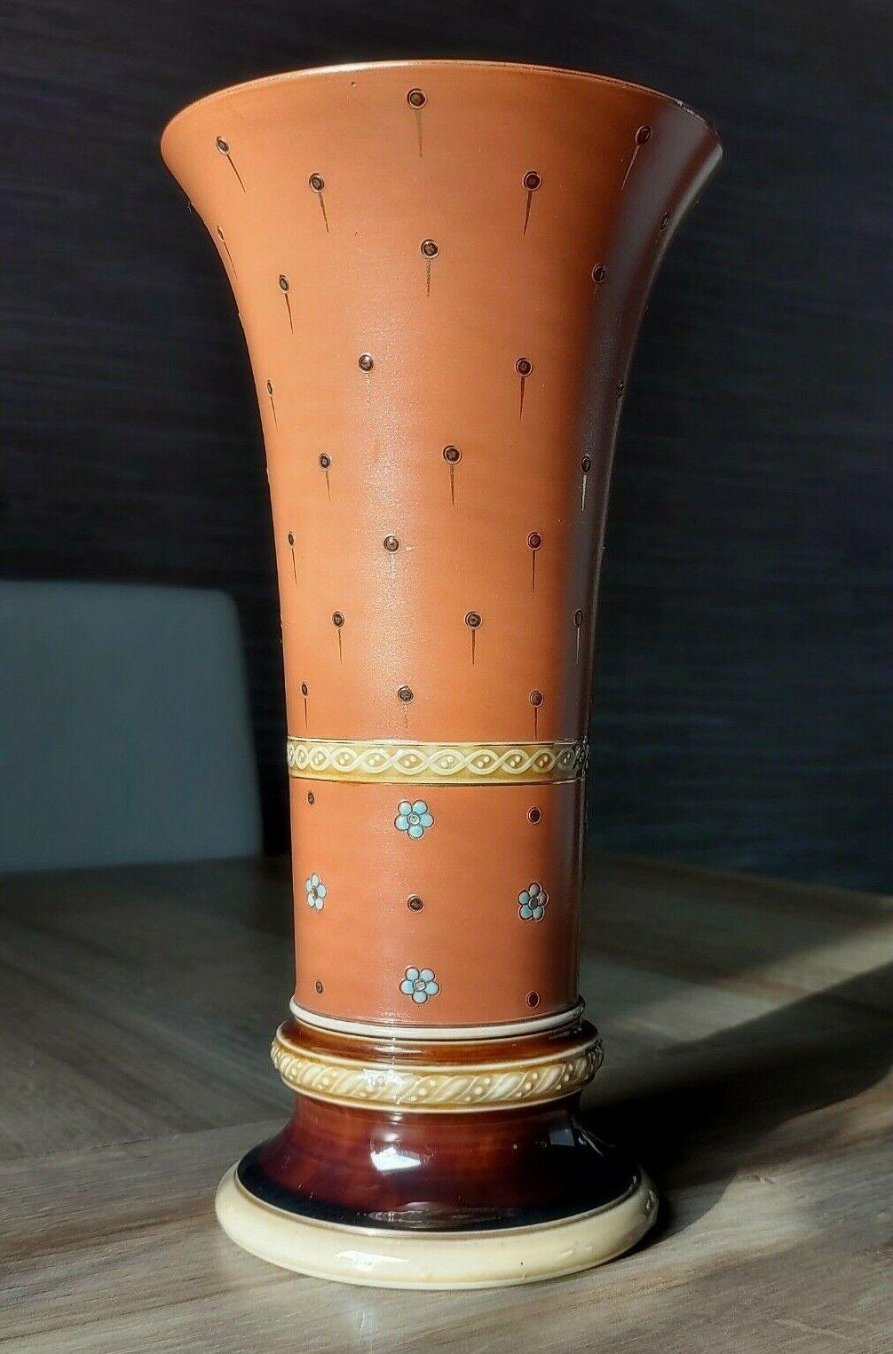 c1900 Villeroy & Boch German Mettlach Stoneware Pottery Enamel Vase 27cm - Tommy's Treasure