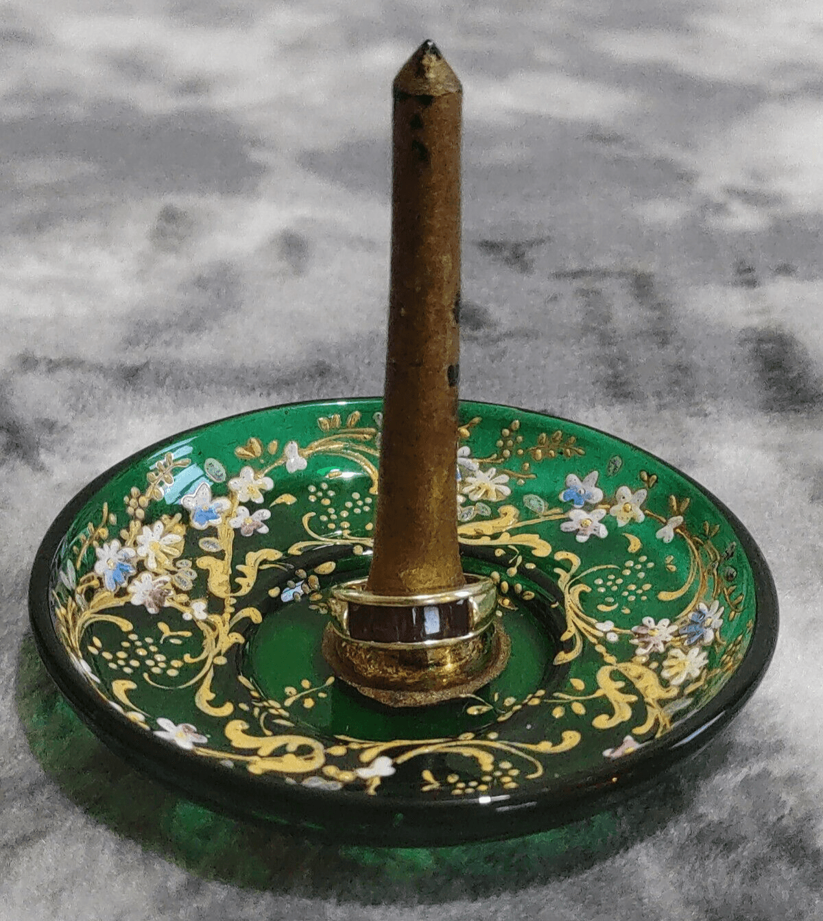 Antique Bohemian Czech Moser Green Glass Enamel Jewellery Ring Stand Holder - Tommy's Treasure