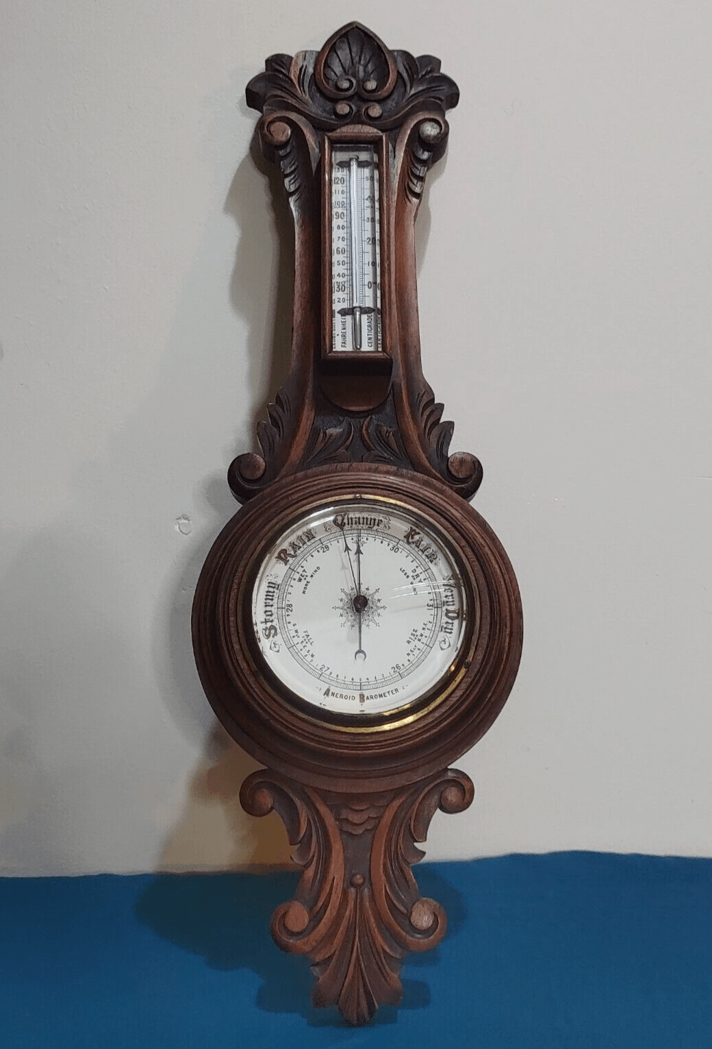 19th Century Carved Oak Aneroid Barometer Thermometer Antique Victorian - Tommy's Treasure