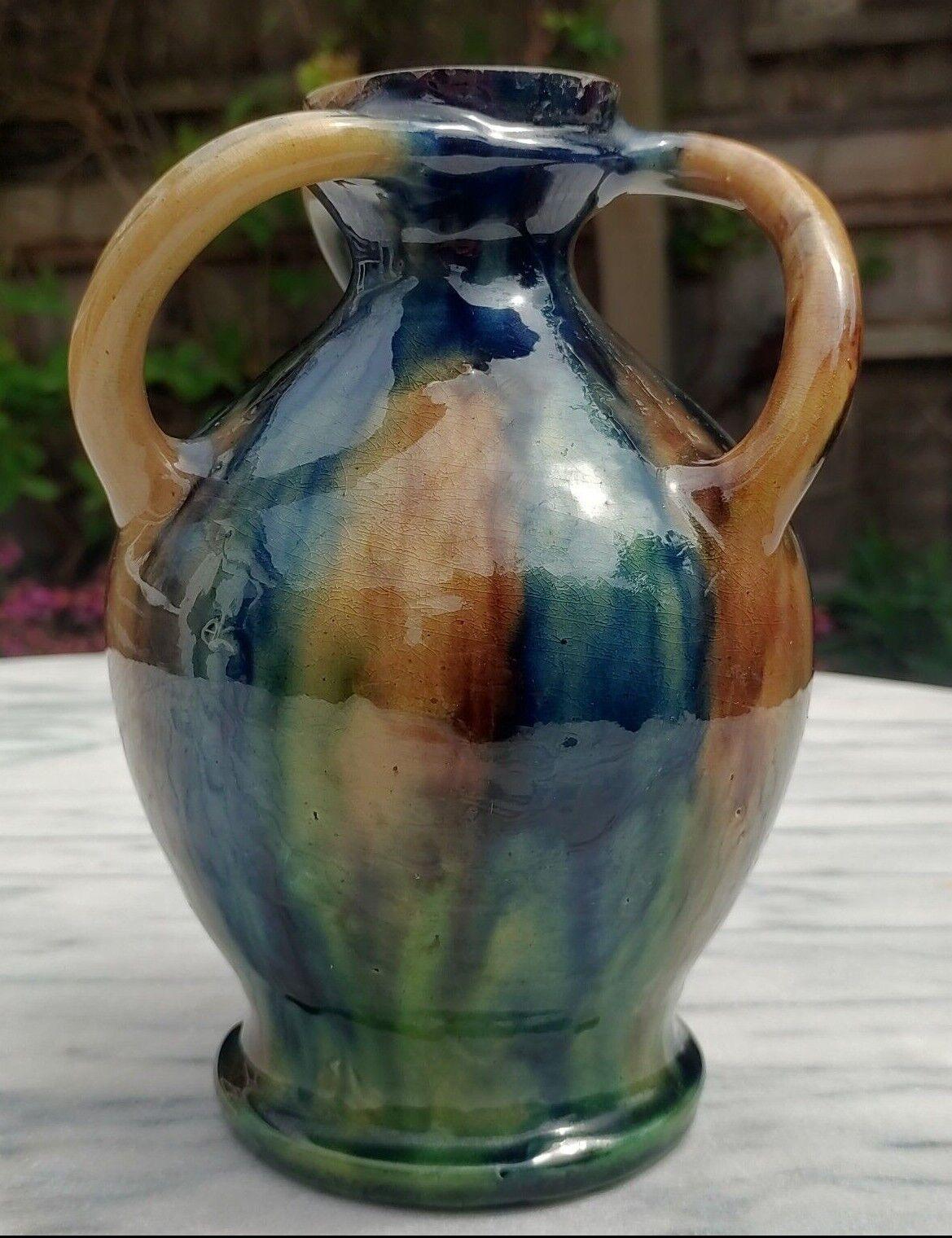 Belgian Art Nouveau Twisted 3 Handle Drip Glaze Ceramic Pottery Vase - 20 cm - Tommy's Treasure