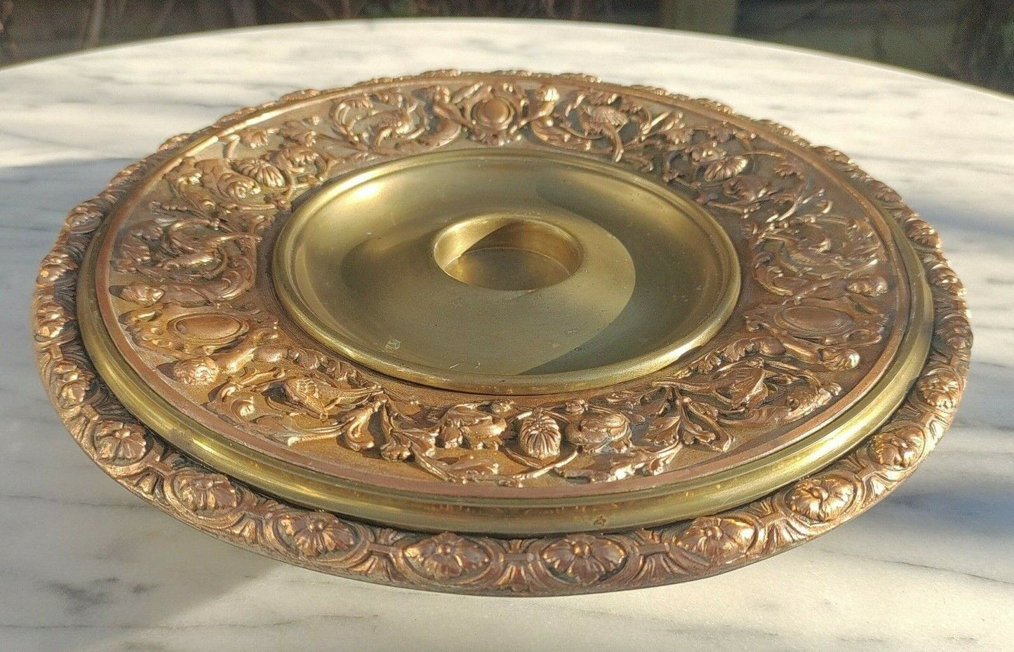 Large 19th Century Ornate Copper & Brass Cherub Antique Inkwell Inkstand