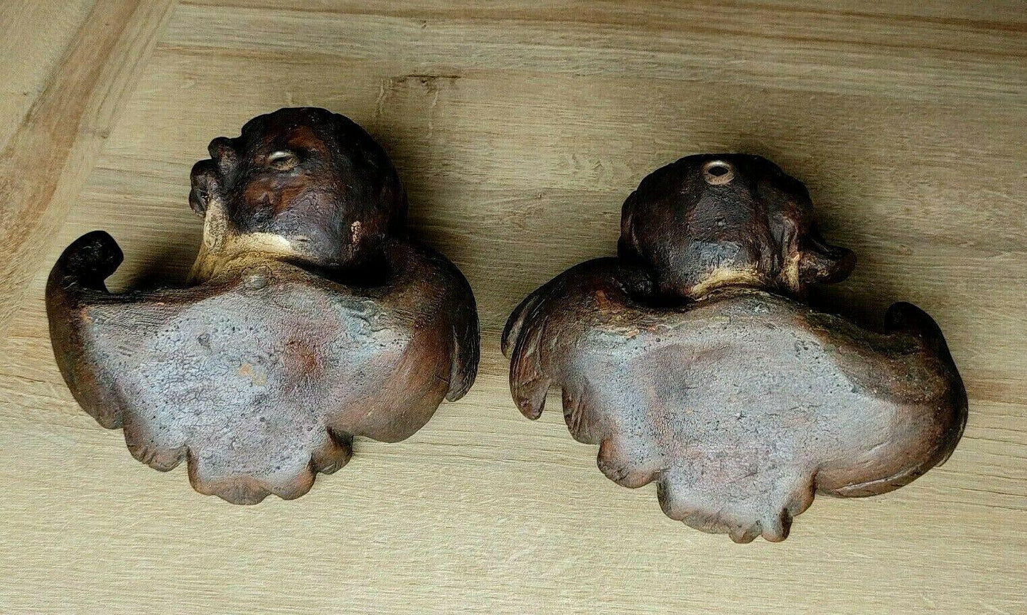 Antique Pair of German Baroque Cherub Angel Putti Head Plaster Wood Wall Plaques - Tommy's Treasure