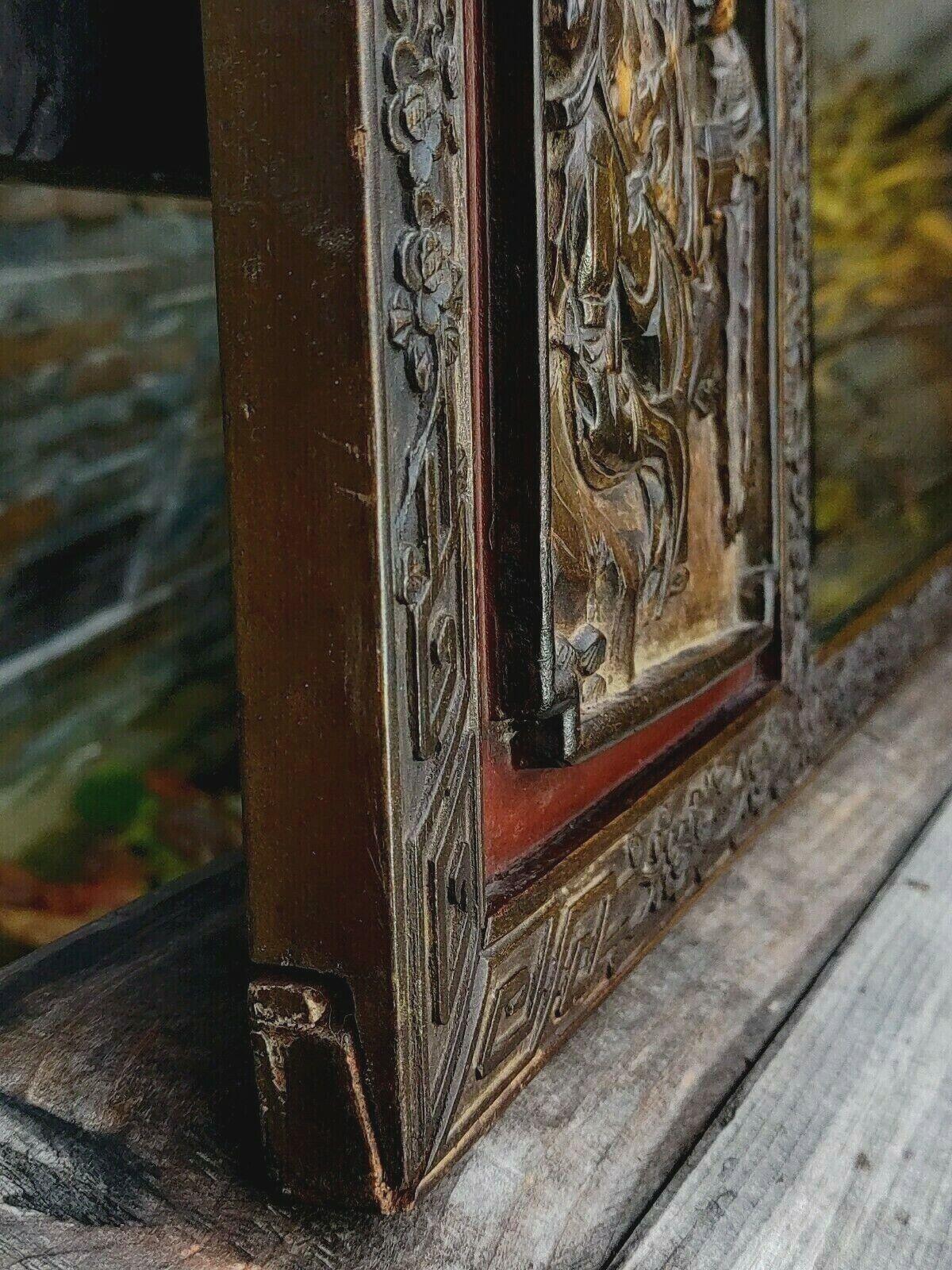c.1900 Antique Chinese Carved Wood Figural Panel Hardwood Bevelled Mirror - 38" - Tommy's Treasure