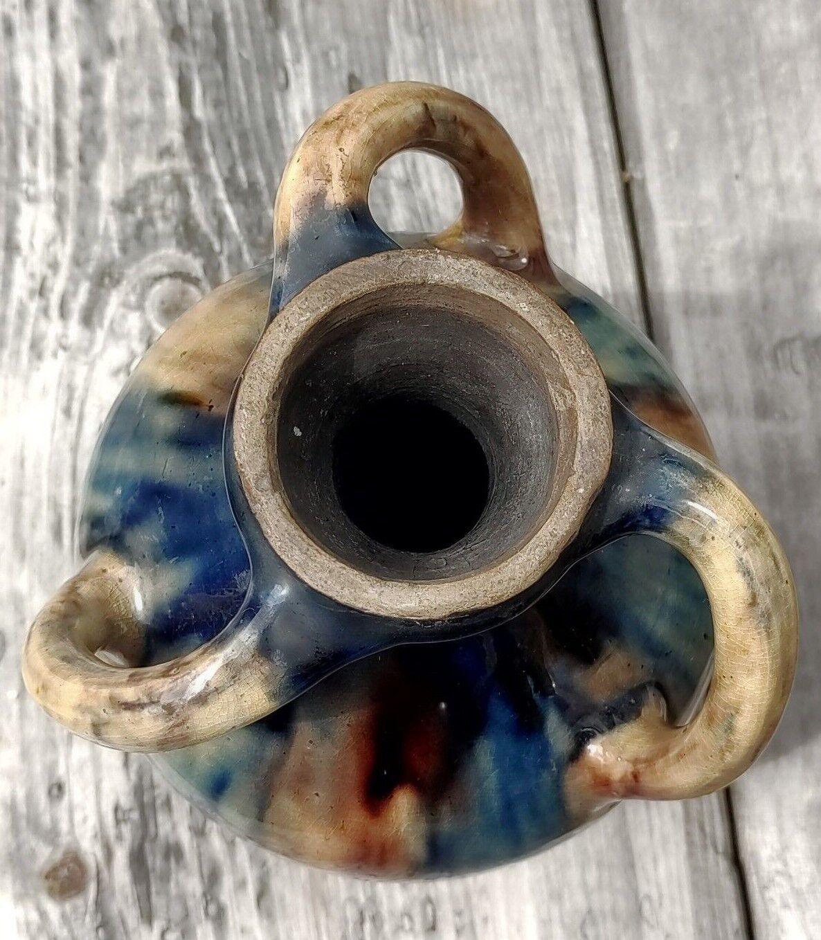 Belgian Art Nouveau Twisted 3 Handle Drip Glaze Ceramic Pottery Vase - 20 cm - Tommy's Treasure