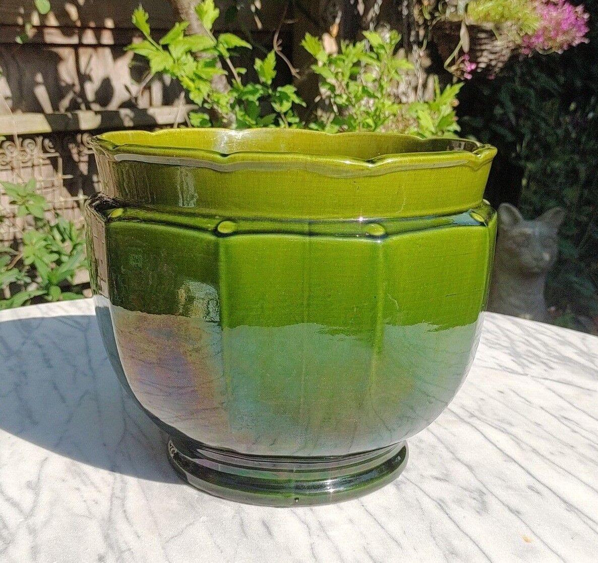 English Antique Joseph Holdcroft Green Glazed Ceramic Pottery Jardiniere Planter - Tommy's Treasure