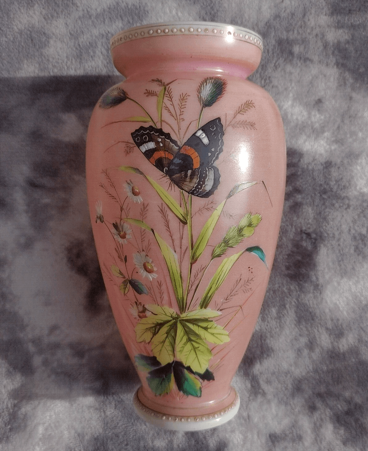 Bohemian Harrach 19th Century Antique Enamel Butterfly Pink Opaline Glass Vase - Tommy's Treasure