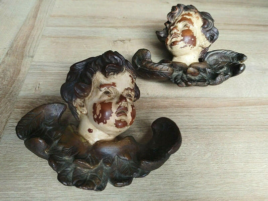 Antique Pair of German Baroque Cherub Angel Putti Head Plaster Wood Wall Plaques - Tommy's Treasure