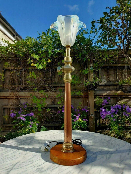 Vintage Fire Hose Table Lamp Copper Brass & Art Deco Opalescent Glass Shade - Tommy's Treasure